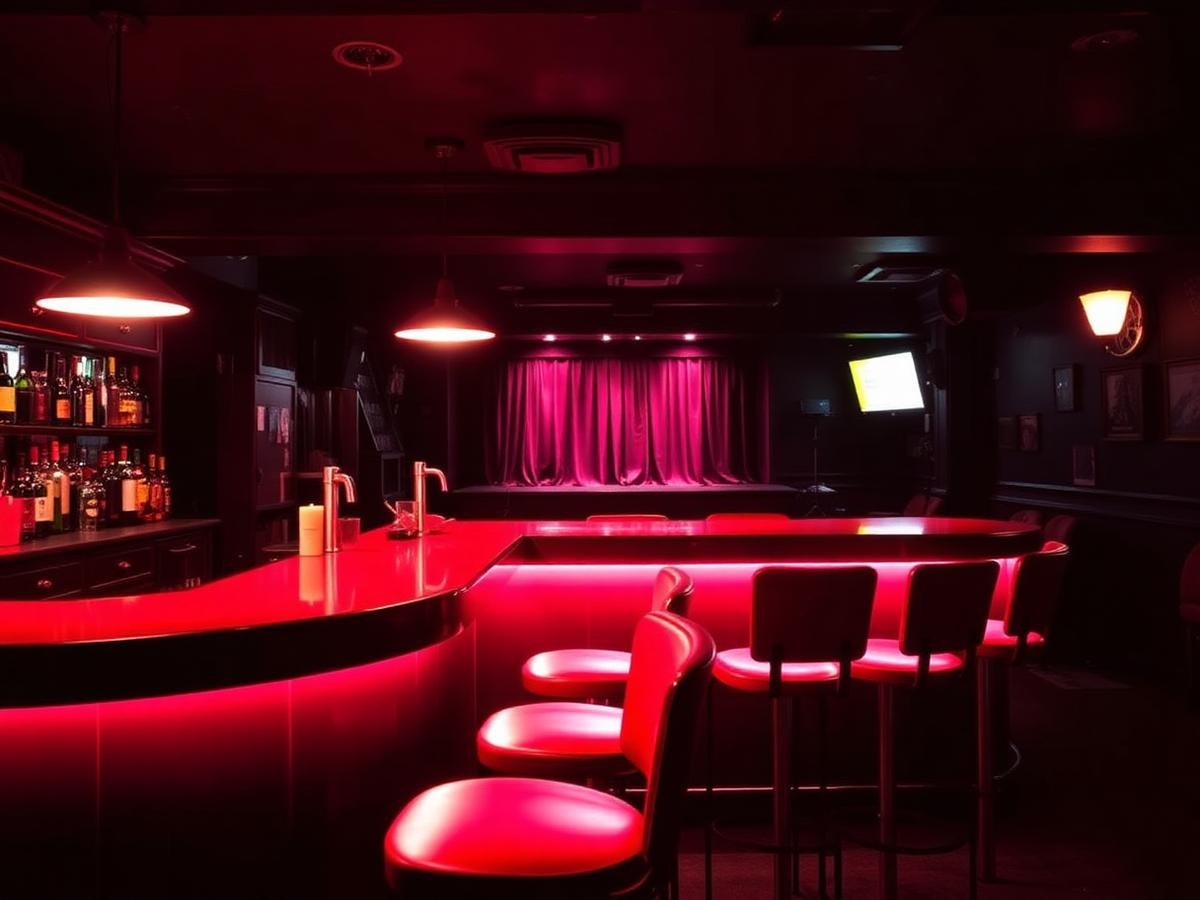 Rood verlichte bar met barkrukken