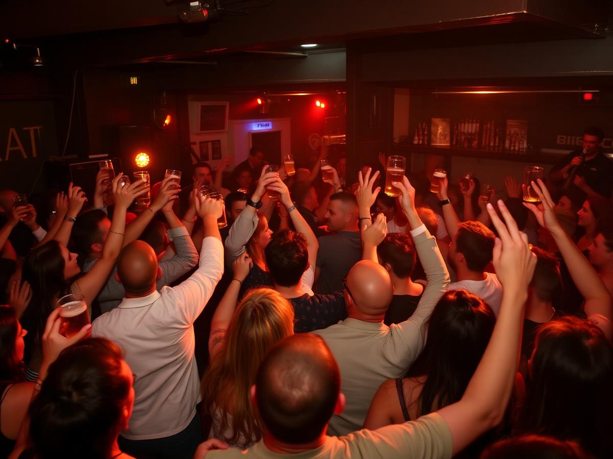 Feestend publiek met geheven glazen